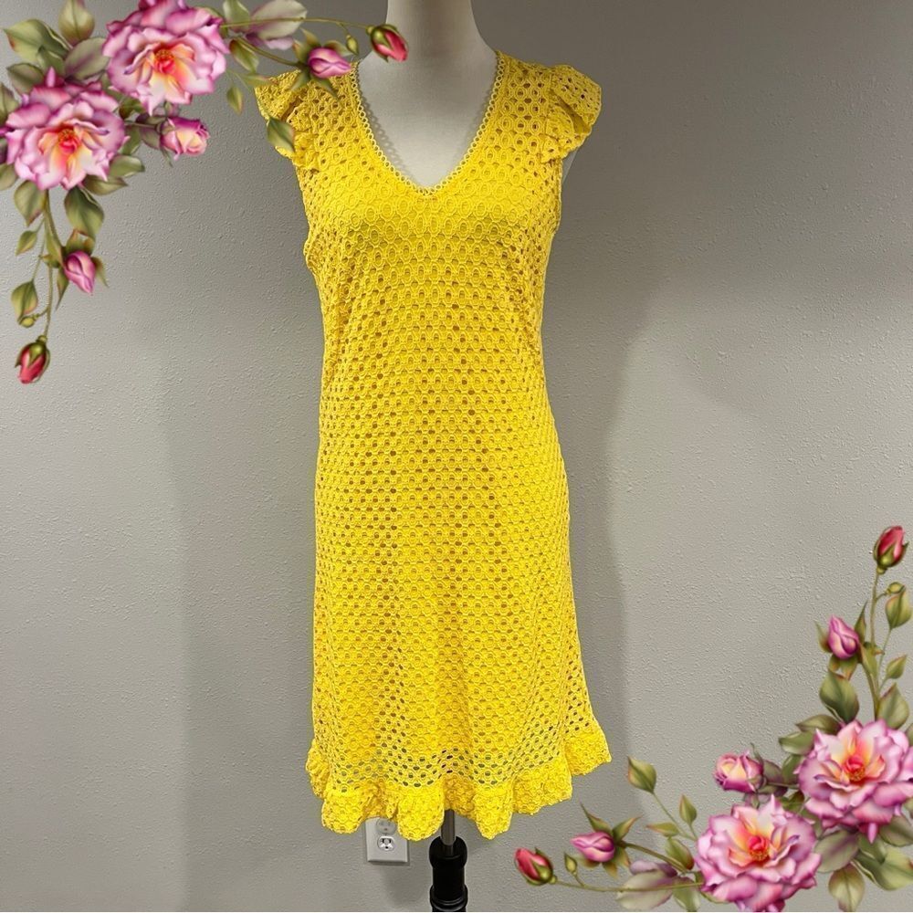 Flutter sleeve v-neck a-line Yellow Crochet Dress‎